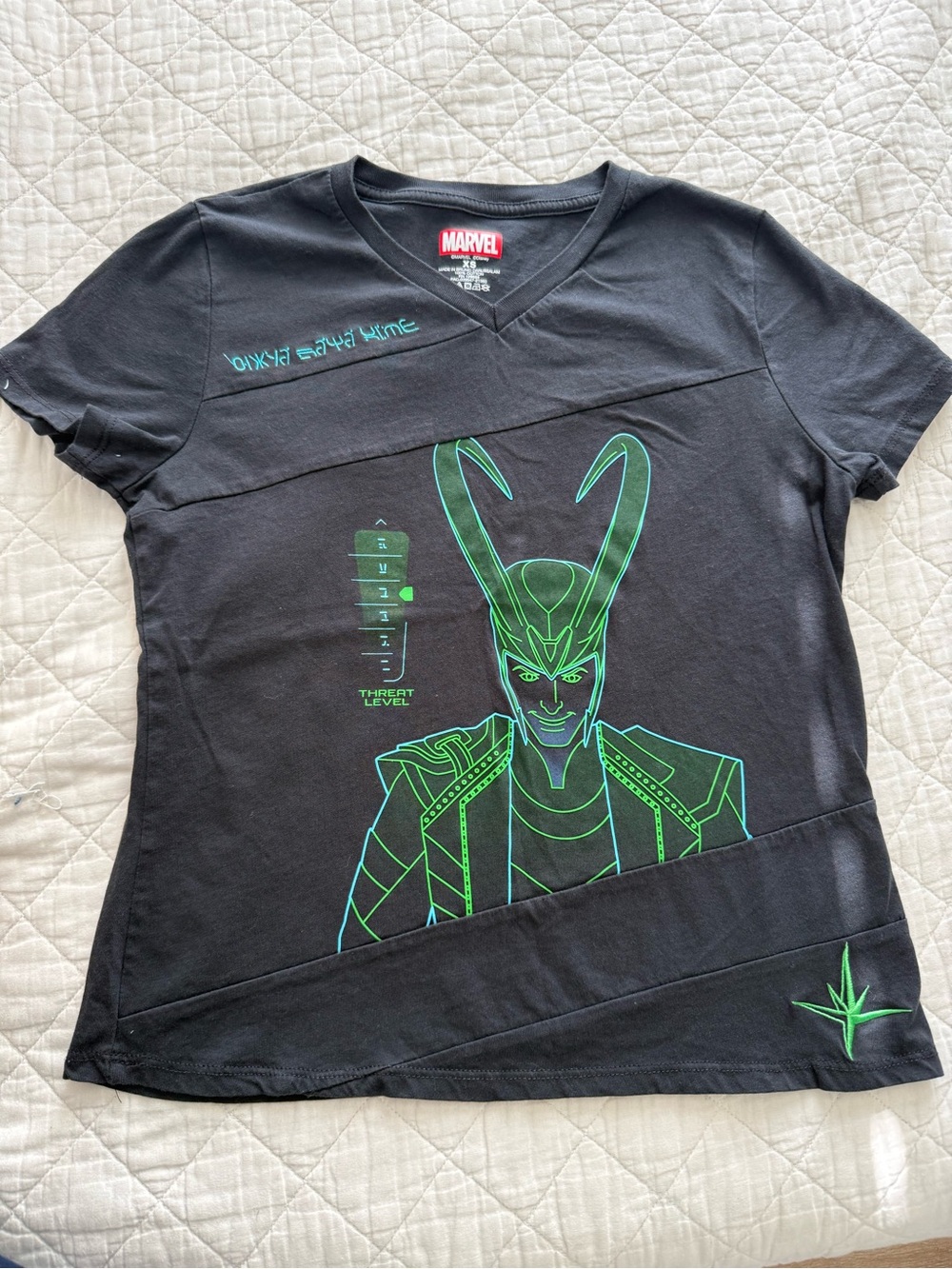 Marvel Black Tee with Neon Green Loki Graphic